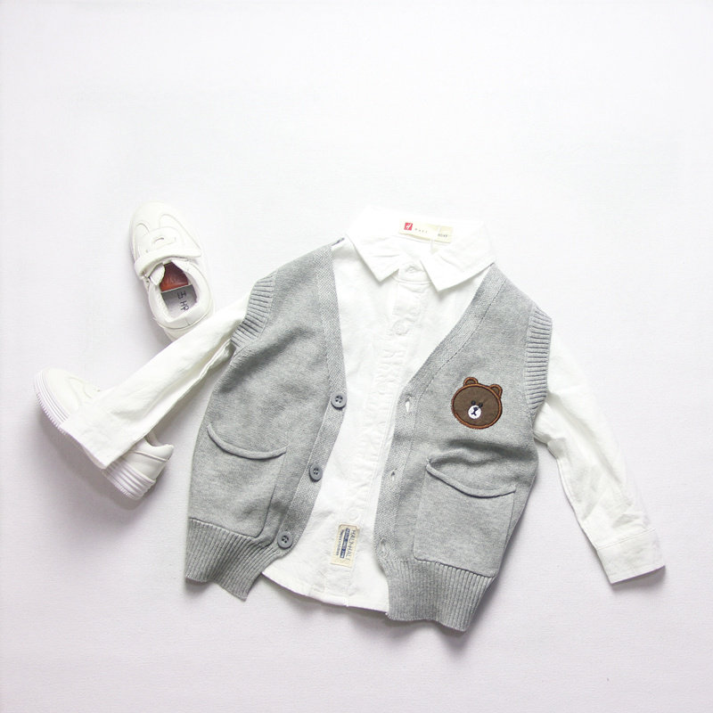 ins Japanese children's clothing spring and autumn thin section boys and girls baby pure cotton knitted bear cardigan vest vest