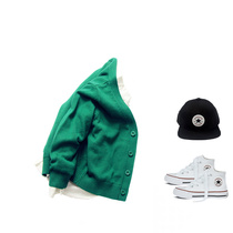 Day-series childrens clothing blouses boy girl pure ink green knit cardiovert children pure cotton wool line cardio-hoodie jacket