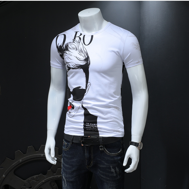 Áo thun nam ngắn tay mùa hè 2019 Mercerized Cotton In một nửa áo thun tay tròn cổ Slim nửa tay áo xu hướng Hàn Quốc - Áo phông ngắn áo thun thể thao nam