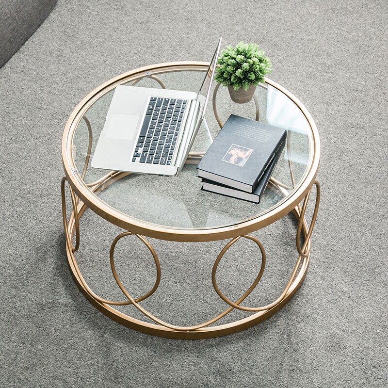 Nordic Minimalist Living-room Tempered Glass Golden Tea Table Iron Art Round Several Office Small Family Bedroom Table