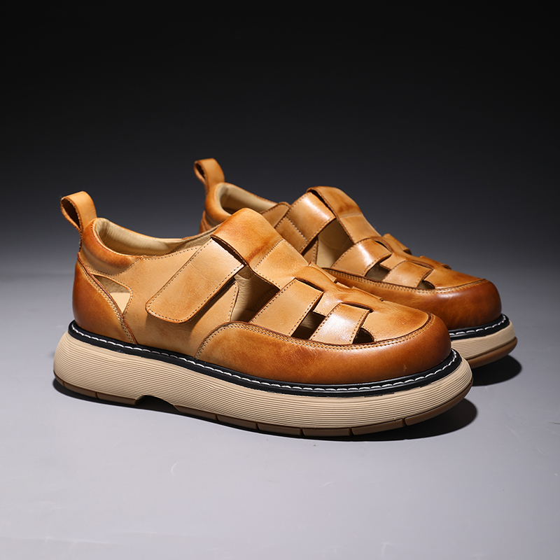 Original Niche Design Retro Handmade Genuine Leather Toe-Cap Roman Sandals for Men, Thick-Soled, Lightweight, Breathable, Casual Trendy Sandals