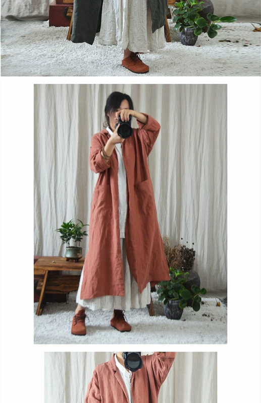 Bản gốc Trung Quốc Zen Zen Women Áo khoác dài lỏng lẻo Quạt dày văn học Áo cổ điển Áo gió - Trench Coat