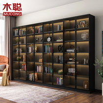 Light Extravagant Glass Door Bookcase With Lamp Display Case Black Shelve Combo Cabinet Office Bookcase Floor Whole Wall Custom