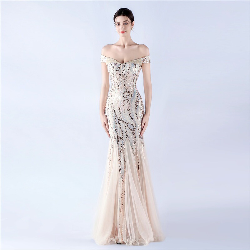 One-Shoulder Sequin Evening Dress 2026 New Slim-Fit Hostess Light Luxury Niche High-End Mesh Fishtail Long Dress for Women