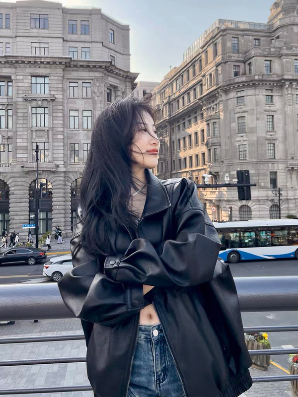 Yoogirls ◆ High-End Black Oversized Leather Jacket, Leather Jacket for Women, Spring and Autumn, Loose Biker Jacket, Thickened for Men.