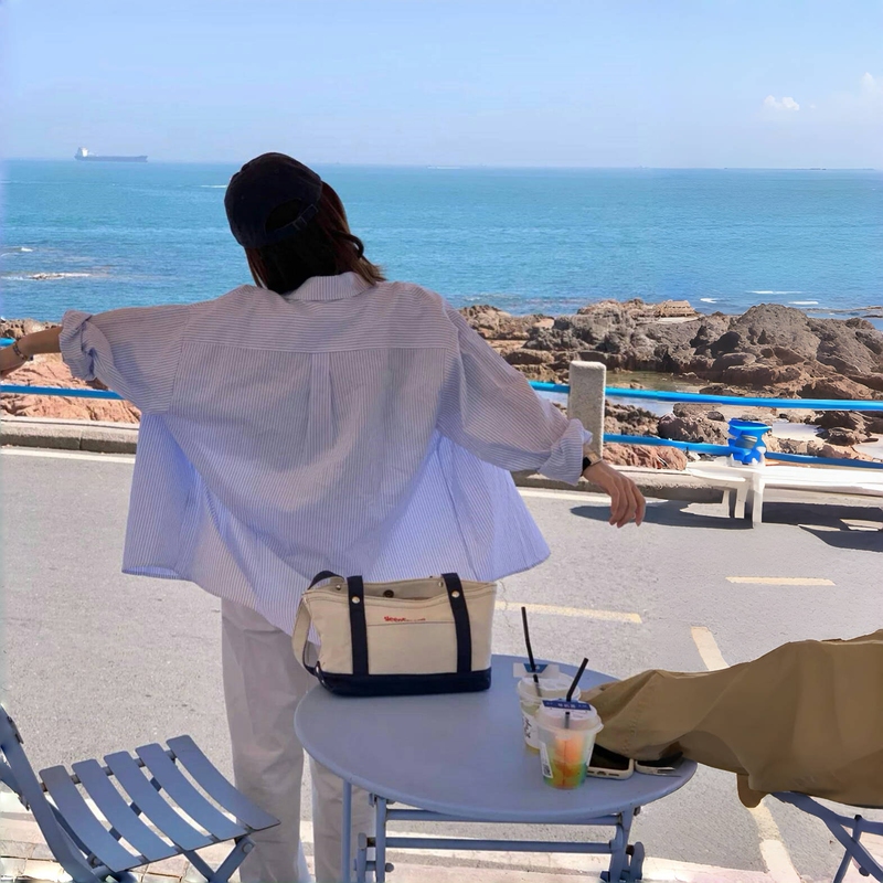 Yoo Girls Is a Girl Group ◆ Silhouette Sky Blue Striped Shirt Jacket for Women Spring and Summer Sun Protection Korean Style Loose Long-Sleeved Shirt