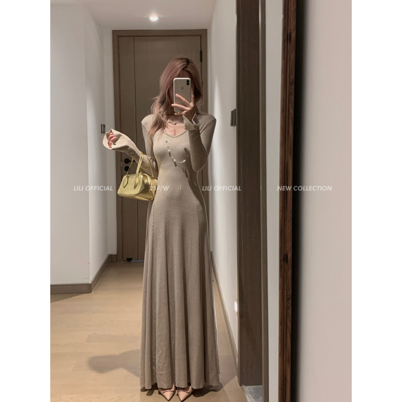 Miss Lili, Elegant Mermaid Style, Oatmeal-Colored Knitted Long-Sleeve Dress, Autumn and Winter Gentle Waist-Cinching Long Dress for Women Miss Lili, Elegant Mermaid Style, Oatmeal-Colored Knitted Long-Sleeve Dress, Autumn and Winter Gentle Waist-Cinching Long Dress for Women