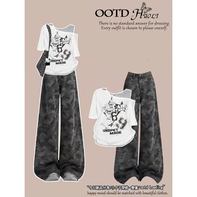Summer Loose-Fitting Half-Sleeved T-Shirt for Girls, Junior High School Students, Great-Looking Outfit, Street-Style Camouflage Jeans Two-Piece Set