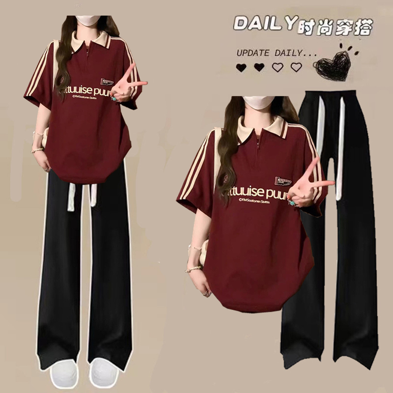 Campus Style Summer Fashion Sports Suit for Female Junior High School Students, Pure Cotton Three-Stripe Short-Sleeved T-Shirt + Casual Pants Two-Piece Set
