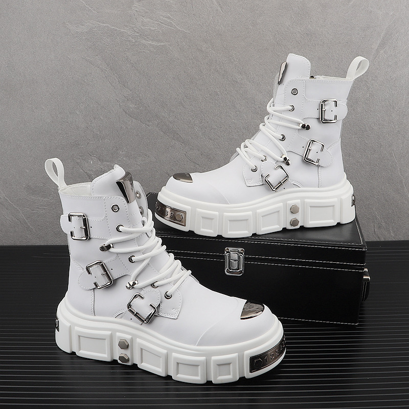 White Martin Boots for Men, Spring Fashion Zipper Motorcycle Boots, Men's Casual Work Boots, High-Top Thick-Soled Long Boots