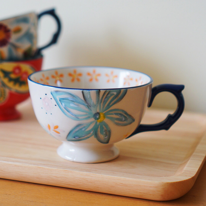 Export American Hand-painted Ceramic Cup Underglaze Color Big Mouth Mug Creative Coffee Cup Breakfast Cup Couple Cup