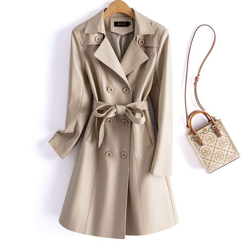 Genuine Leather Coat for Women, Mid-Length, Slim Fit, 2026 Autumn and Winter New Korean Style, Slimming Sheepskin Trench Coat, Plus Size Leather Jacket
