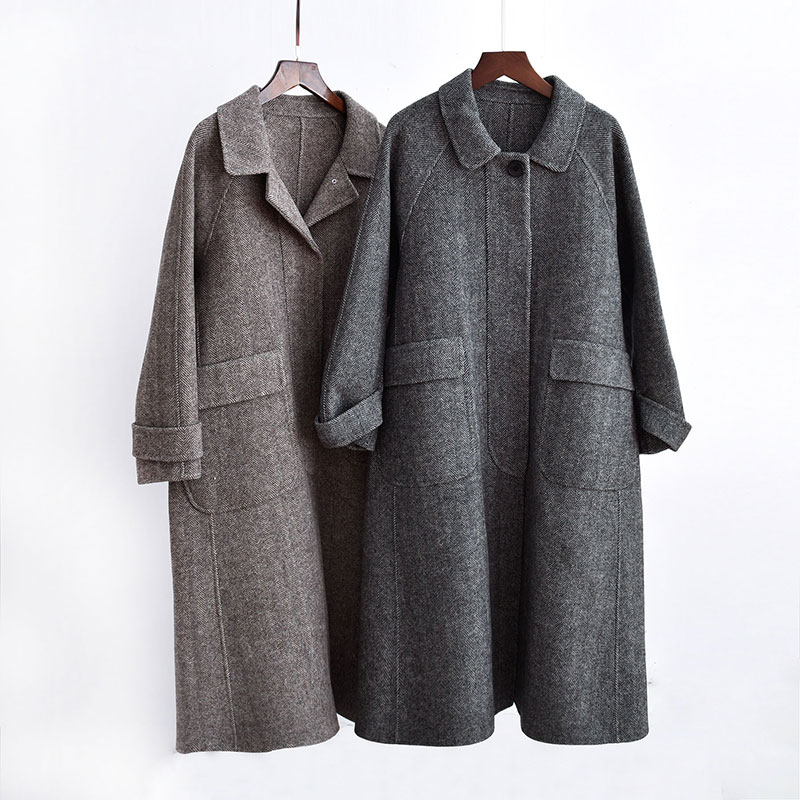 2018 áo khoác nhung hai mặt mới của phụ nữ mẫu xương cá hai mặt len ​​dài len cashmere chống mùa áo gió nữ