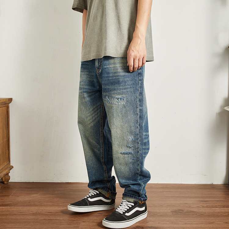 Distressed Patchwork American Retro Distressed Jeans for Young Men, Heavyweight Straight-Leg Loose Tapered Denim Pants, Trendy