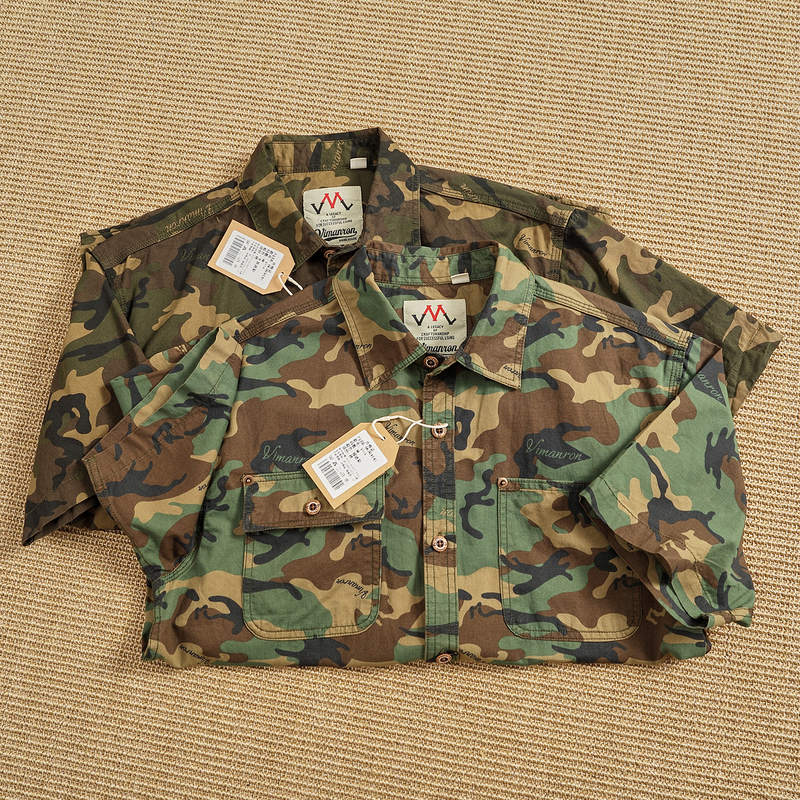 Vintage Distressed Camouflage Short-Sleeve Shirt for Men, Custom Woven and Dyed Pure Cotton, Double Pocket, Amekaji Casual Workwear Top