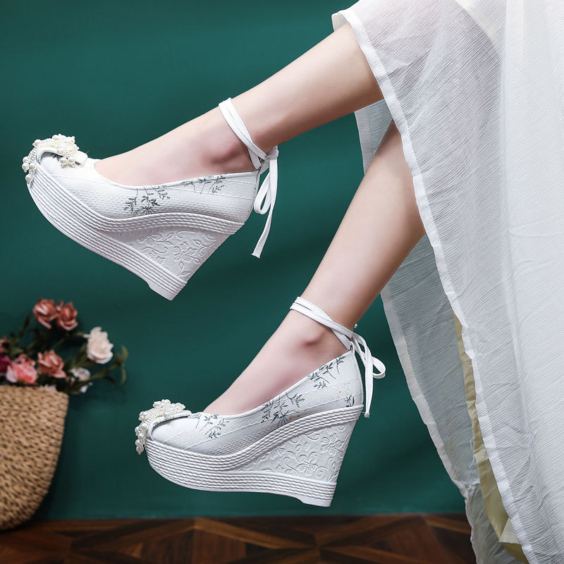 Summer High-Heeled Platform Shoes for Women, Hanfu Style, Ancient Style, Round Toe, Mamian Skirt Tassel Beaded Chinese Style Cloth Shoes