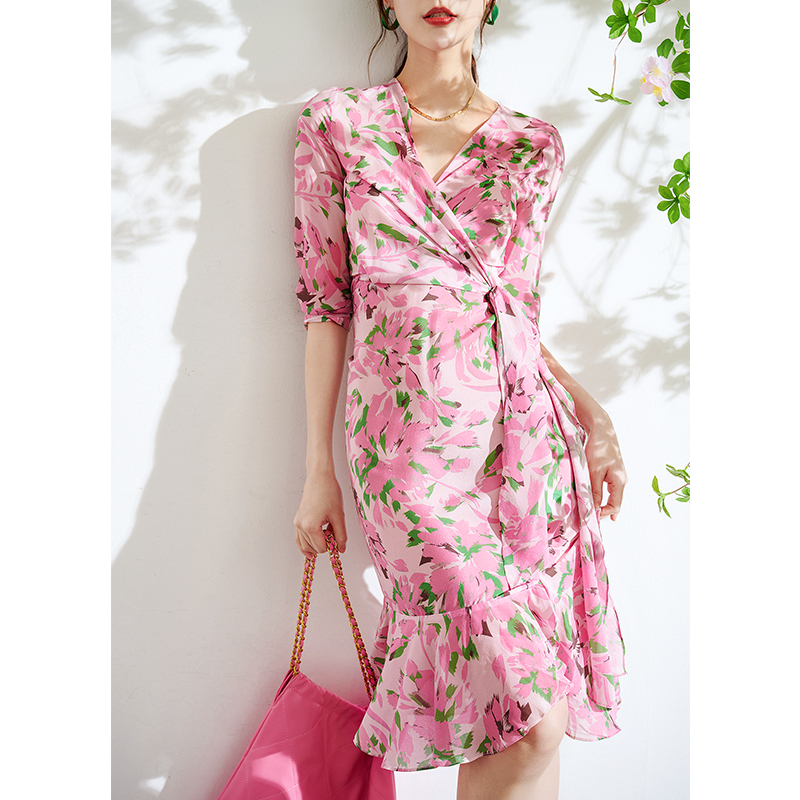 Shansince Pink Dream Like Smoke High-End Luxury Silk Mulberry Silk Pink Printed Wrap Dress for Women Summer