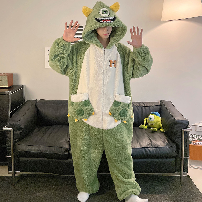 Winter Plush One-Piece Pajamas for Men, Thick Coral Fleece Hooded Cartoon Quirky Animal Loungewear Set for Teenagers Winter Plush One-Piece Pajamas for Men, Thick Coral Fleece Hooded Cartoon Quirky Animal Loungewear Set for Teenagers
