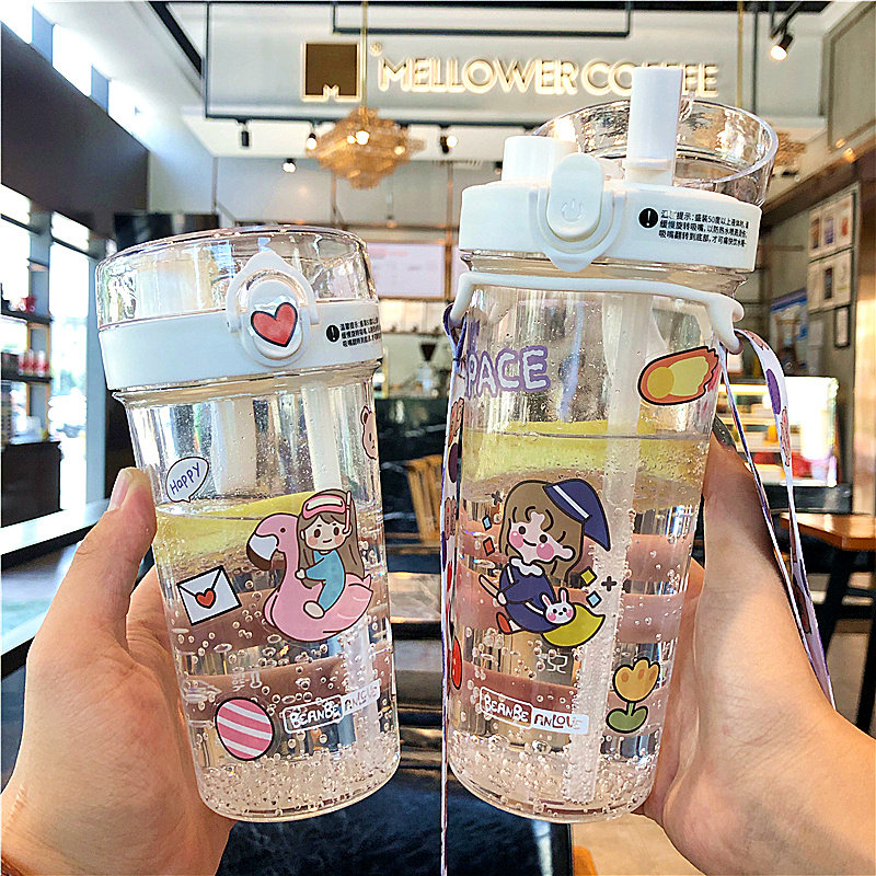 Korean version of fresh sports double drinking straw plastic cup male and female students couple pregnant women creative portable handy water cup
