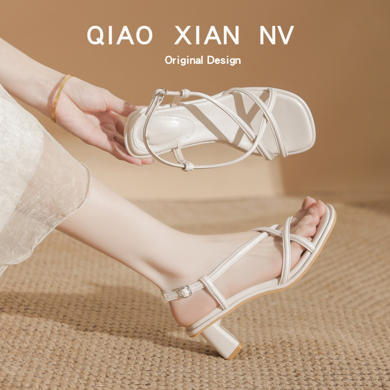 Super Soft~ French-Style Summer Open-Toe Square-Toe Roman Sandals, Leather Shoes, High Heels That Don'T Tire the Feet, Suitable for Pairing with Skirts, Women's Leather Shoes