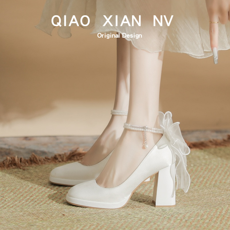 French Mary Jane Women's Shoes, Wedding Shoes, Chunky Heel Bridesmaid Shoes, Waterproof Platform High Heels, Thick-Soled Cheongsam Bridal Engagement Shoes