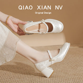 Super Soft~ New Chinese Style Mary Jane Shoes, High-Heeled Women's Shoes to Match Skirts and Cheongsam, Single-Strap Round-Toe Leather Shoes