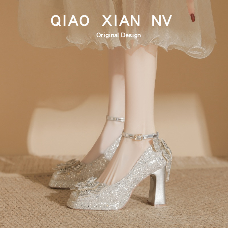 Crystal Bow Wedding Shoes, Xiuhe Wedding Dress Shoes, Women's Engagement Shoes, Waterproof Platform Silver Glitter High Heels, Single Shoes, Leather Shoes