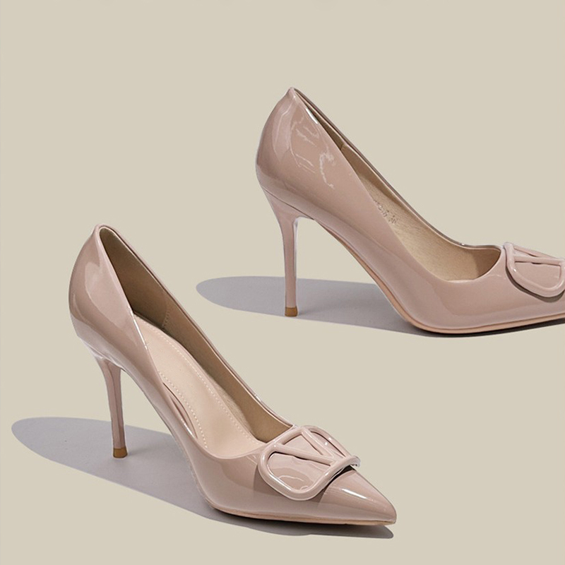 Nude Pink High-Heeled Women's Shoes 2025 New V-Buckle Pointed Toe Stiletto French Patent Leather Shallow Mouth Elegant Single Shoes Nude Pink High-Heeled Women's Shoes 2025 New V-Buckle Pointed Toe Stiletto French Patent Leather Shallow Mouth Elegant Single Shoes