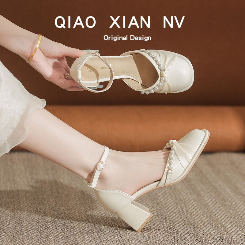 Super Soft ~ Mary Jane Sandals for Women with Hollow Design, Fairy Style, Pearl Embellishments, Suitable for Dresses and Cheongsam, Leather Shoes, Single Shoes
