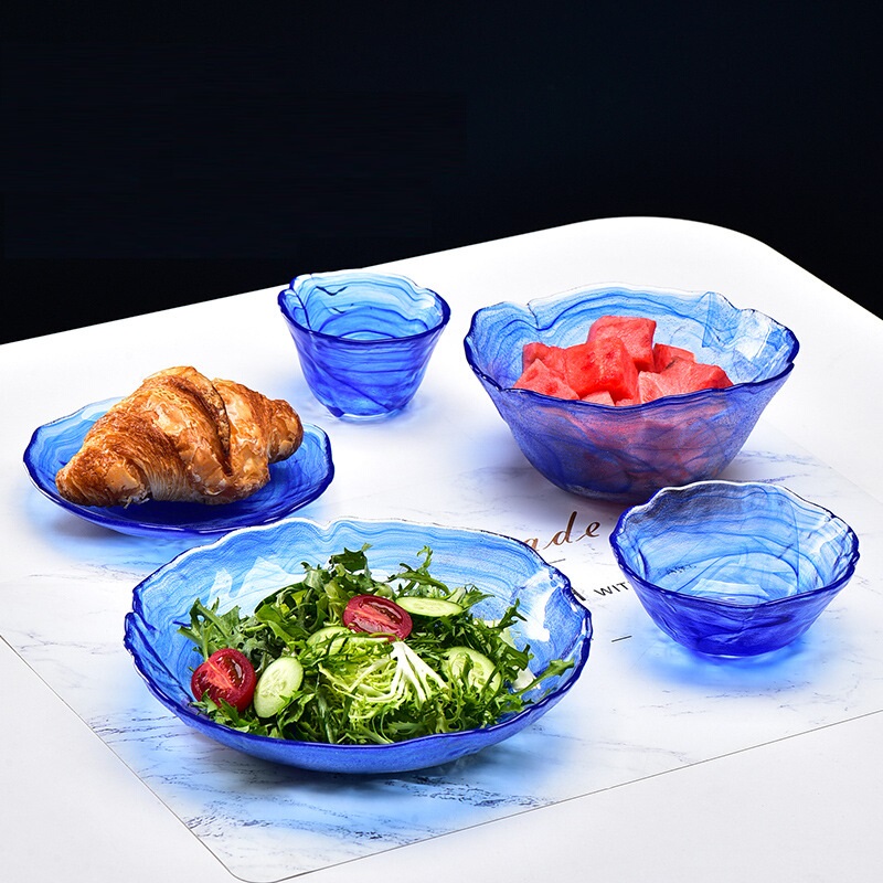 Japanese Ink Pattern Blue Plate Glass Bowl Salad Bowl Set Household Fruit Plate Creative Tableware Dessert Bowl