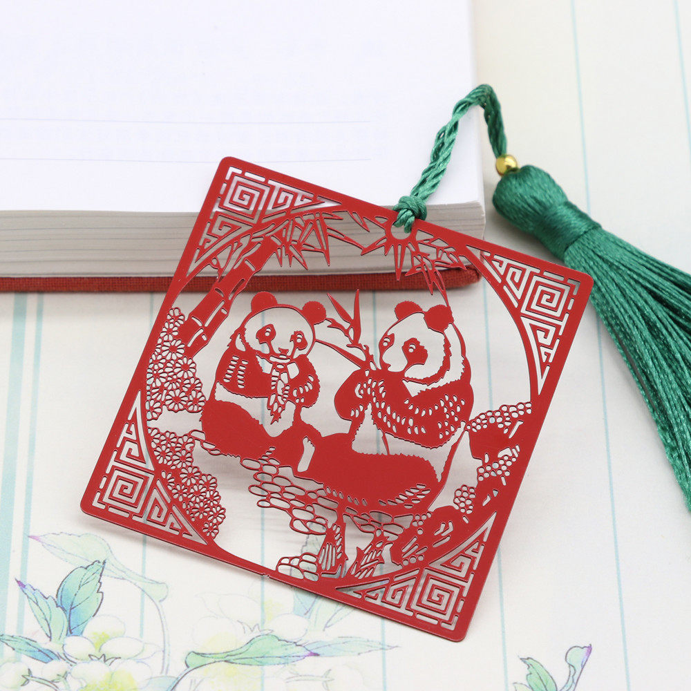 Panda Chinese style metal hollow paint tassel bookmark literary fresh students with holiday ancient style small gift