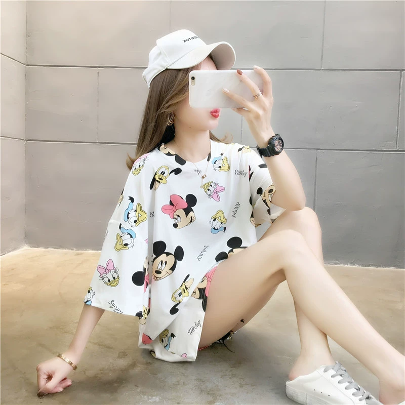 Mùa hè 2020 cặp vợ chồng mới lớn của Hàn Quốc thả lỏng quần áo nửa tay màu đỏ in siêu lửa áo thun tay ngắn - Áo phông
