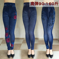 Spring and autumn new large size imitation denim mother pants printed leggings outer wear womens high waist middle-aged and elderly elastic tights