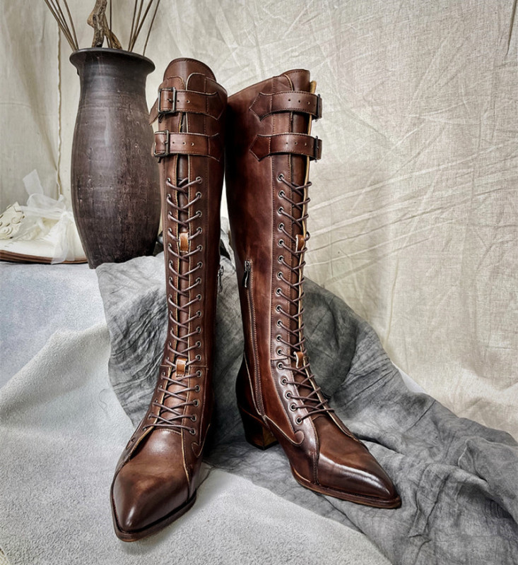 Antique Boots Mystique Handmade Shoes Knight Style Dark Style Victorian Pointed Toe Mid-Heel Vintage