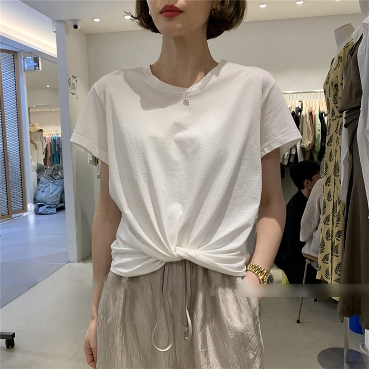 Short-Sleeved T-Shirt for Women, Summer 2026 New Style, Pure Cotton, Korean Version, Cross-Knot Hem, Elegant, Regular Shoulder, Slimming Design Top