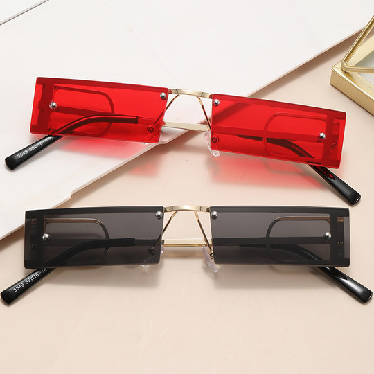 Frameless Small Lens Sunglasses for Women, High-End Style ins Hip-Hop Men's Retro Colorful Small Frame Sunglasses for Photo Shoots and Clubbing