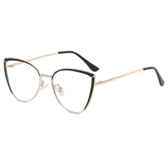 Retro Metal Cat-Eye Glasses with Black Edges for Square and Round Faces, Slimming, Anti-Blue Light, Suitable for High Prescription Lenses, Natural Look, European and American Style