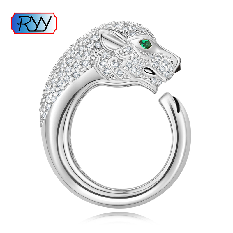 Men's and Women's Silver S925 Plated 18K White Gold Diamond Leopard Head Ring Tiger Head Moissanite Couple Ring