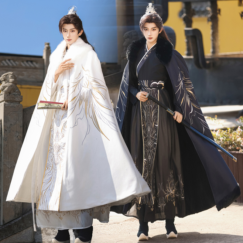 Original Hanfu Cloak with Detachable Large Fur Collar for Men and Women, Winter Long Style in Black and White, Fleece-Lined and Thickened Cape Coat for Winter