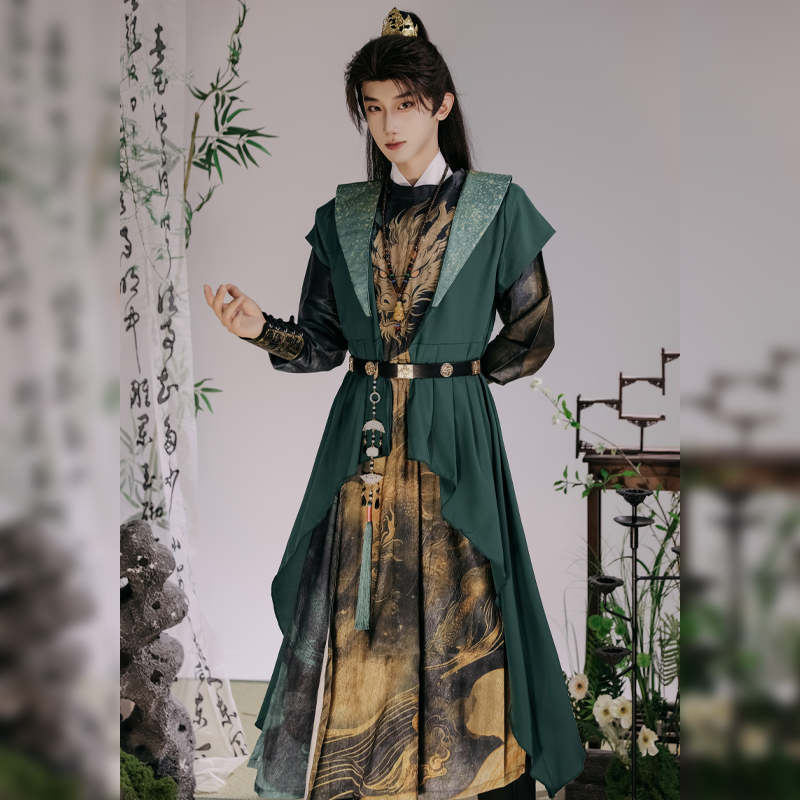 Original Hanfu [Sanxingdui] Ancient Divine Dragon Red Li Tang Dynasty Round Neck Robe Cool and Handsome Swordsman Cosplay Ancient Costume