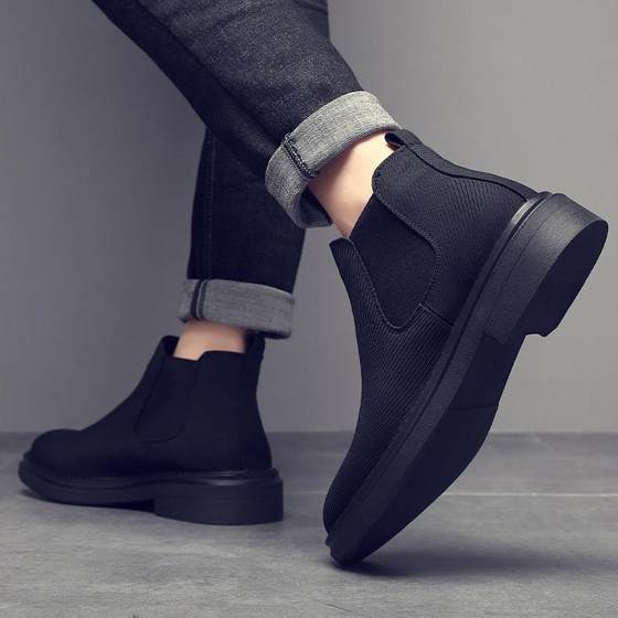 马丁靴男2024秋冬季新款休闲帆布鞋男鞋黑色切尔西休闲工装短靴子