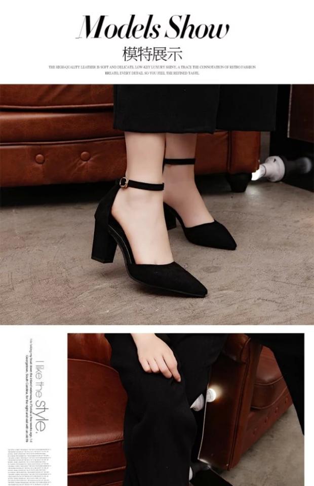 Mùa xuân và mùa thu Hàn Quốc của sandal mũi nhọn da lộn Baotou với giày cao gót có khóa rỗng với đế dày với giày đơn nữ mùa hè giày vento nữ