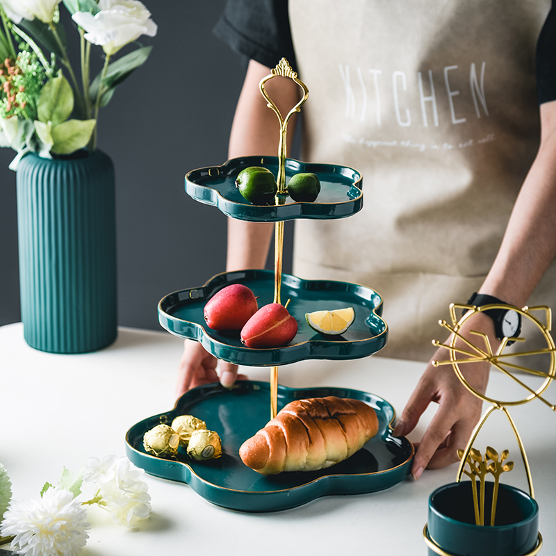 Light luxury ceramic string plate living room three-layer fruit plate home dessert plate candy multi-grid plate double-layer dessert table pastry