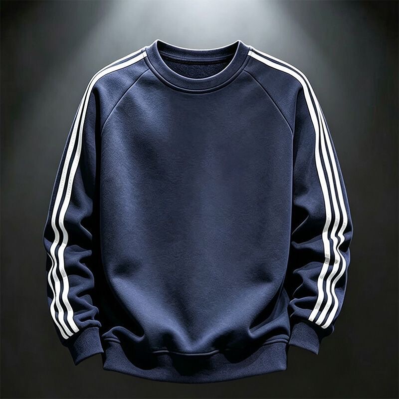 American-Style Trendy Navy Blue Solid Color Three-Stripe T-Shirt for Men and Women, Basic Loose-Fitting Versatile Sweatshirt for Autumn