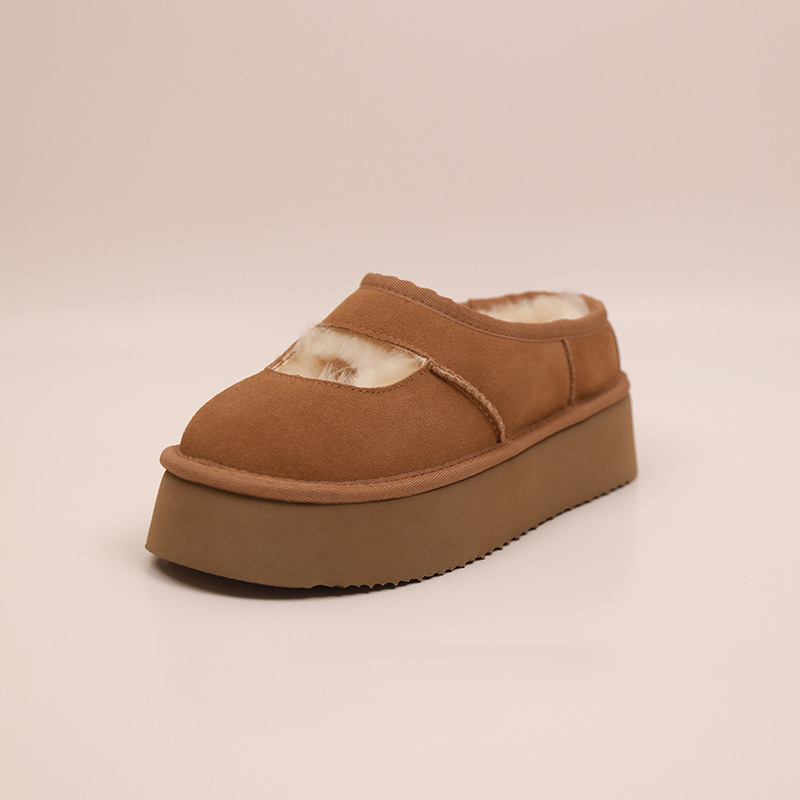 New Henan Sanpo Thick-Soled Mary Jane Closed-Toe Half-Slipper Wool Shoes for Women, Suitable for Home and Outdoor Wear, Casual Leather and Fur Integrated