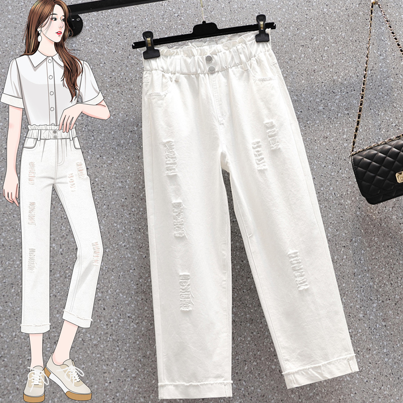 2026 New Elastic Ripped Casual Cropped Pants for Women Plus Size Korean Style Elastic Waist Versatile Fashion Denim Straight Pants