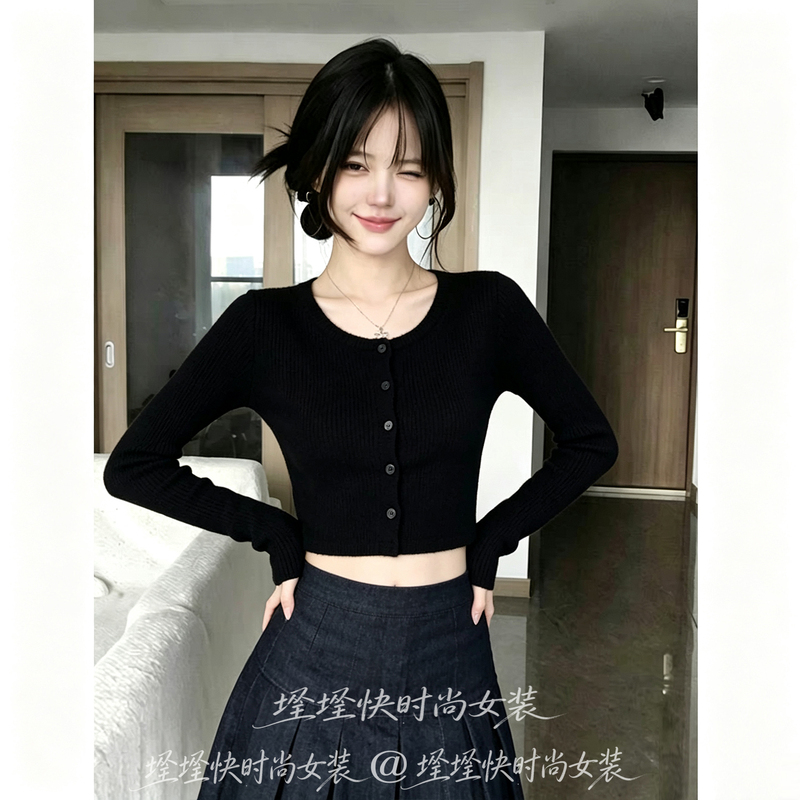 Casual Style Black Niche Design Button-Up Long-Sleeve Women's Short Top 2026 Autumn New Slim-Fit Elegant Trendy Top