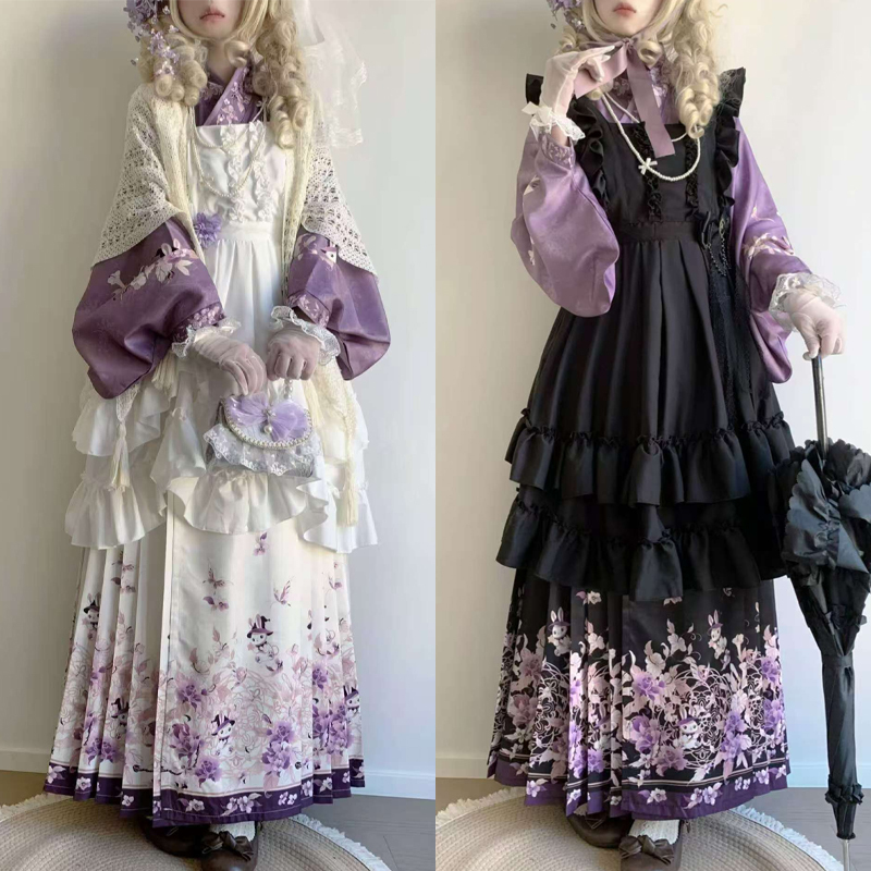 Qingyage Original Ming Dynasty Style Hanfu Cross-Collar Pipa Sleeves Han-Yang Fusion Fleece-Lined Cloak Mamian Skirt Lolita Outfit