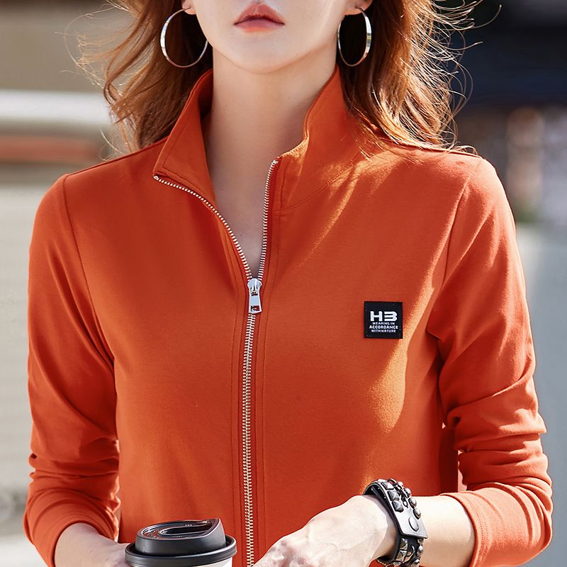 Pure Cotton Double-Zipper Turn-Down Collar Long-Sleeve Base Shirt for Women, 2026 Spring and Autumn New Sports Top T-Shirt Sweatshirt Jacket