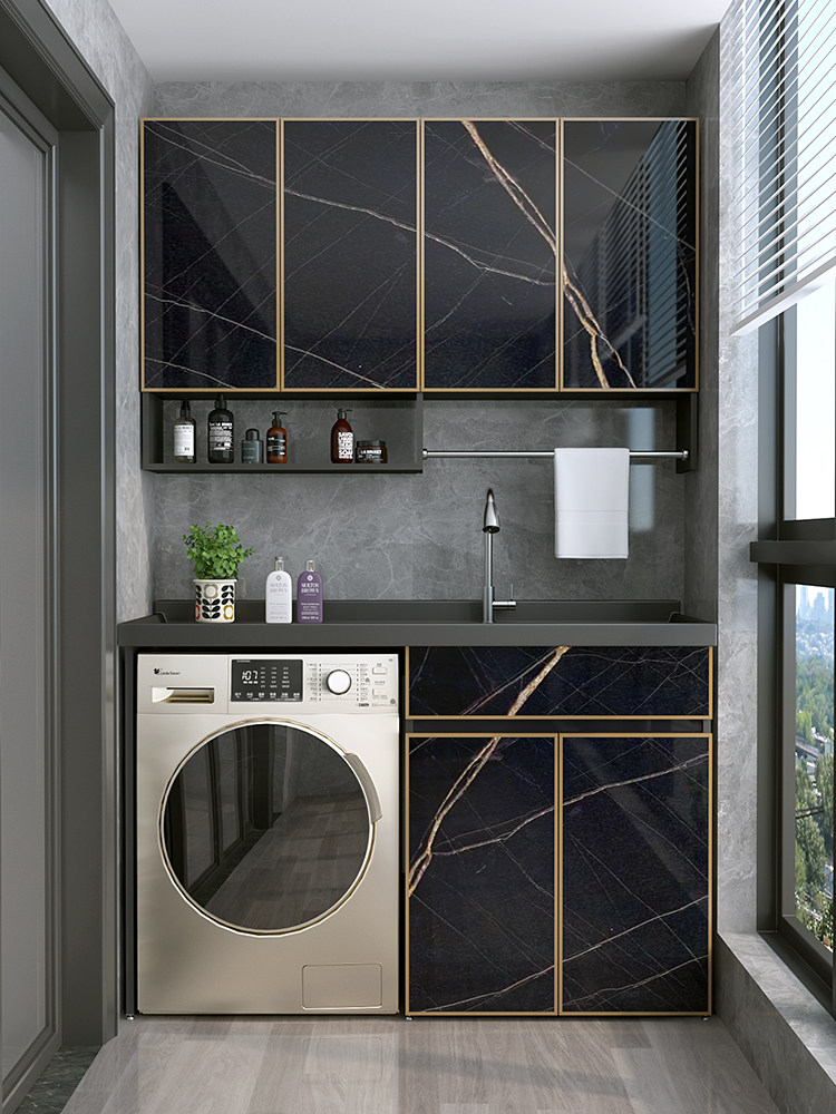 Space aluminum laundry cabinet Balcony combination with washboard sink sink Washing machine cabinet companion Quartz stone one-piece basin